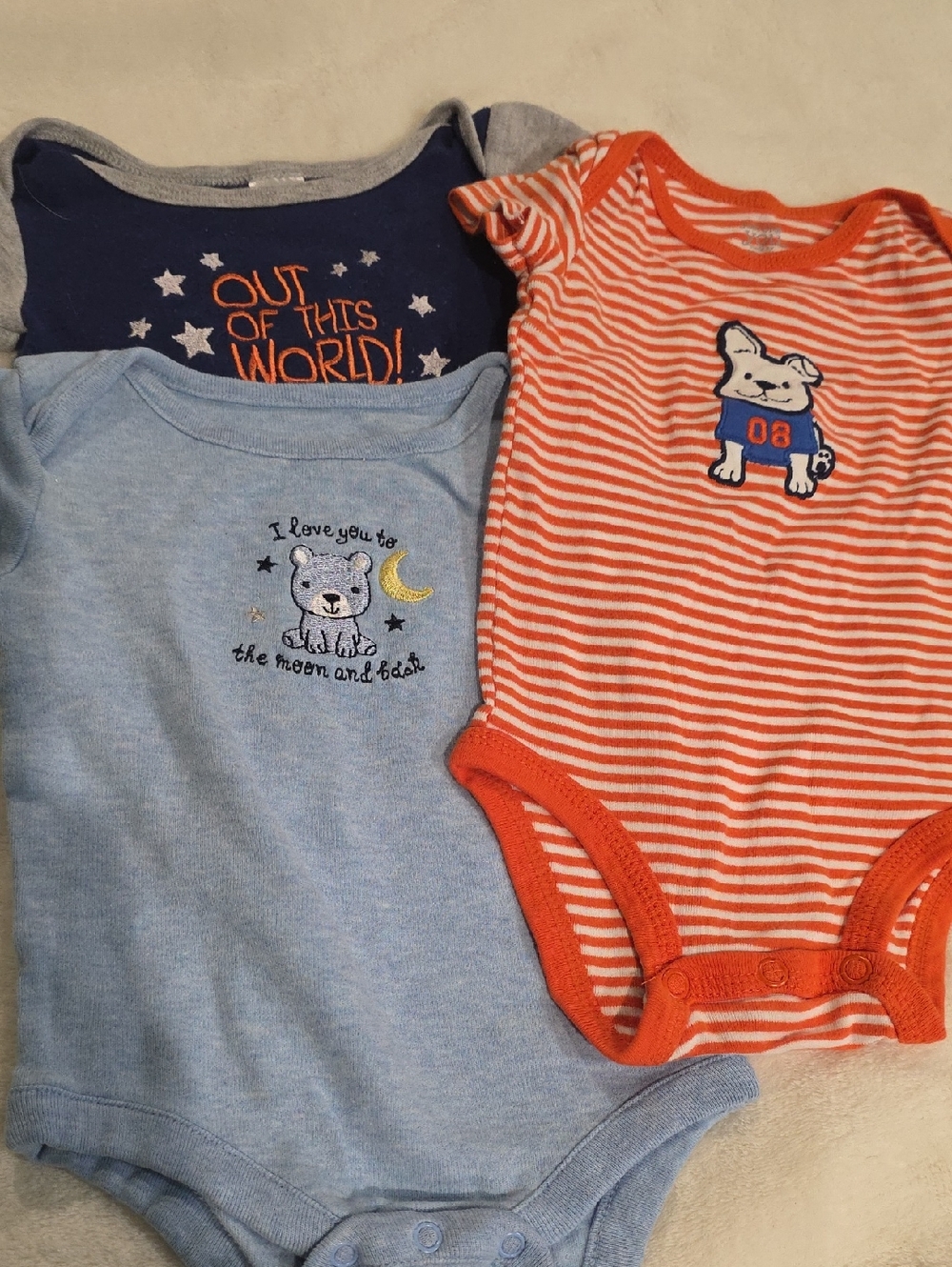 Orange Striped Puppy Bodysuit with Blue and Light Blue Onesies 0-3 Size